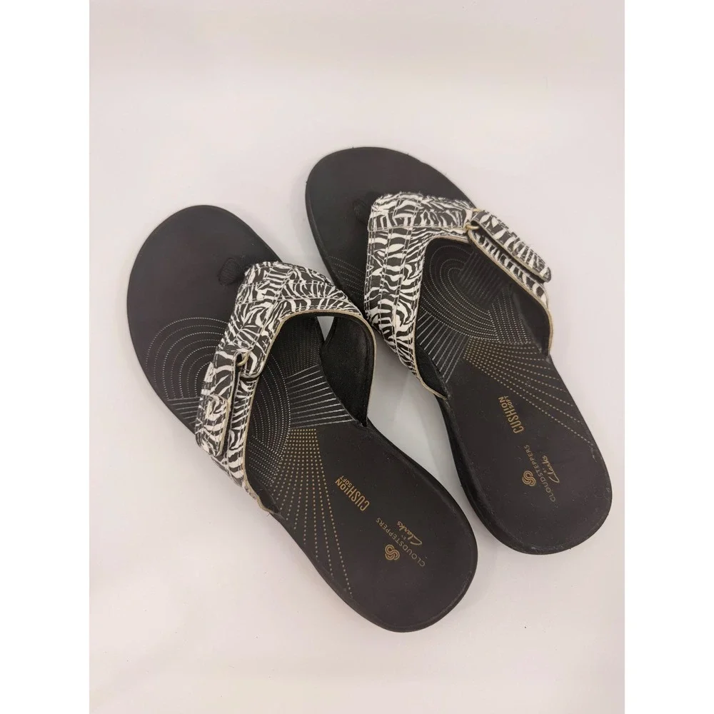 Clarks Cloudsteppers Womens Zebra Print Cushion Soft Thong Sandals Black White 7